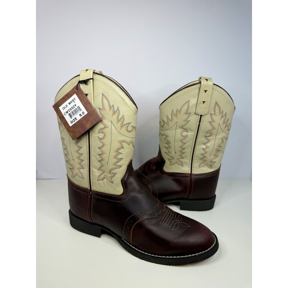 Western Style‎ Leather Cowboy Boots New Square Toe Brown & Cream Pull-On Embroid
